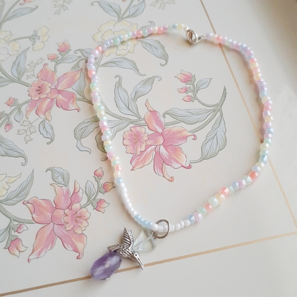 Handmade Beaded Choker Necklace Amethyst Flourite - Picture 5 of 8